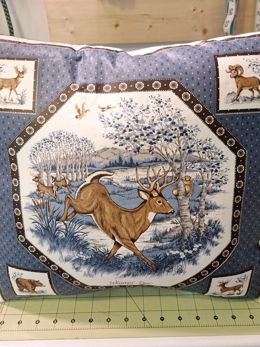Vintage Handmade Rustic Deer Print Decorative Pillow - Blue and Brown